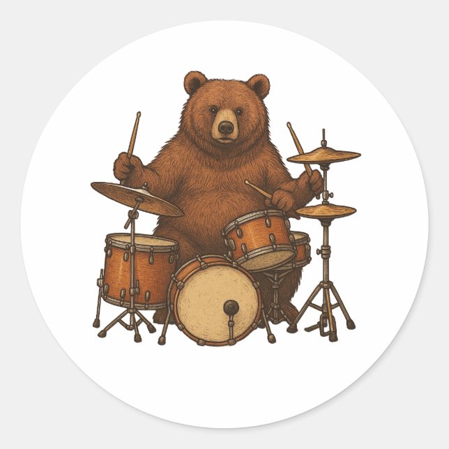 Bear Playing Drums  Classic Round Sticker (Front)