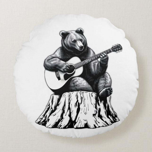 Bear Playing Guitar Round Throw Pillow (Front)