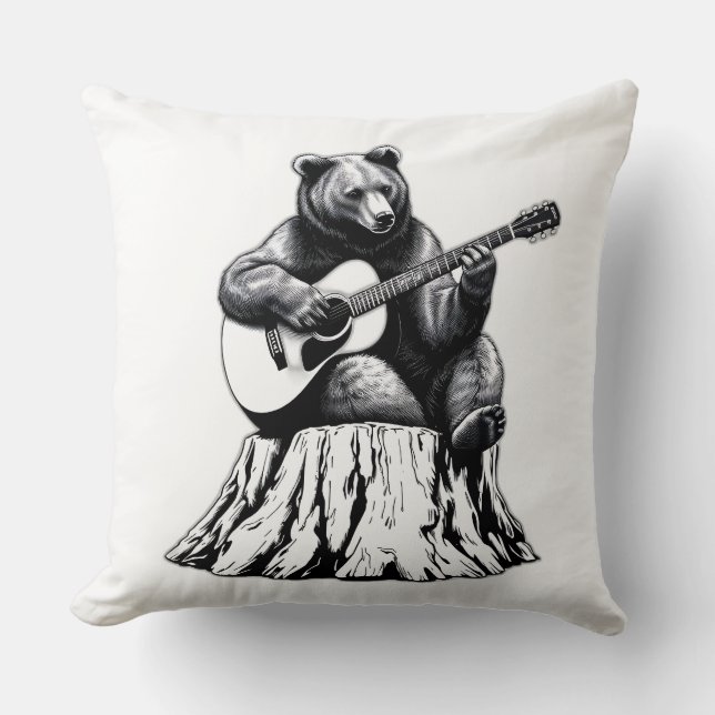 Bear Playing Guitar Throw Pillow – Music Vibe (Front)
