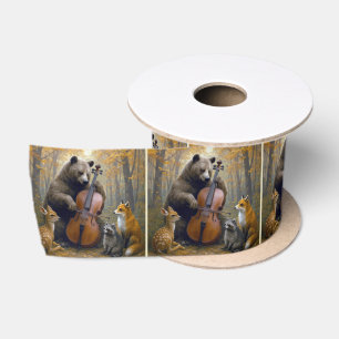 Bear Playing the Cello in Autumn Woods Satin Ribbon