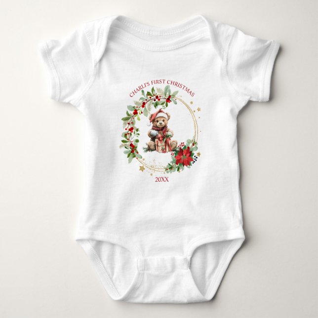 Bear Poinsettia Foliage Baby's First Christmas Baby Bodysuit (Front)