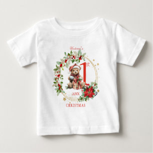 Bear Poinsettia Foliage Baby's First Christmas Baby T-Shirt