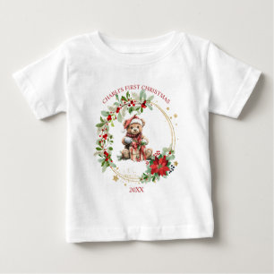 Bear Poinsettia Foliage Baby's First Christmas Baby T-Shirt