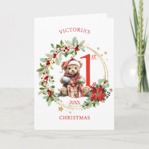 Bear Poinsettia Foliage Baby's First Christmas Card