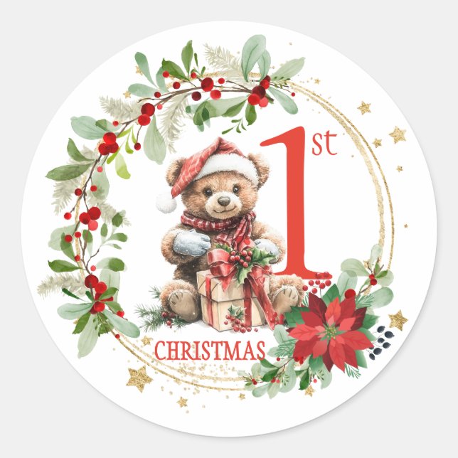 Bear Poinsettia Foliage Baby's First Christmas Classic Round Sticker (Front)