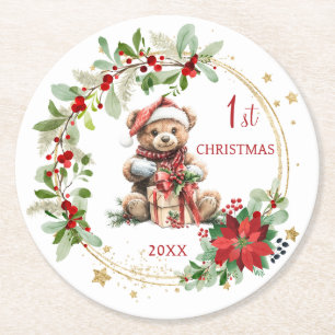Bear Poinsettia Foliage Baby's First Christmas Round Paper Coaster