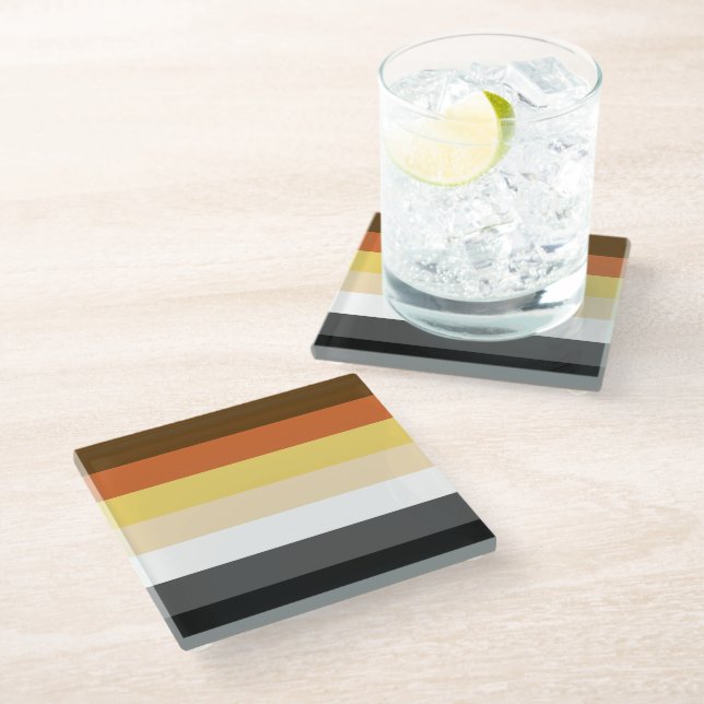 Bear Pride, Neutral Gradient Stripes, LGBTQ Pride Glass Coaster (Angled)