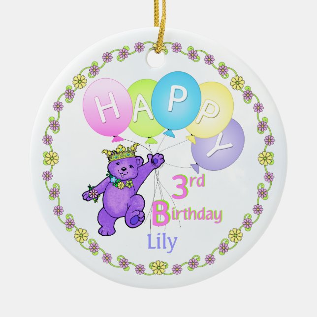 Bear Princess 3rd Birthday Keepsake Ceramic Ornament (Front)
