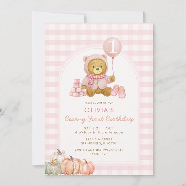 Bear Pumpkin Soft Pink Beary First Birthday  Invitation (Front)