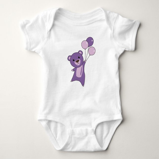 Bear Purple Flies With Balloons Sweet Animals Bear Baby Bodysuit (Front)