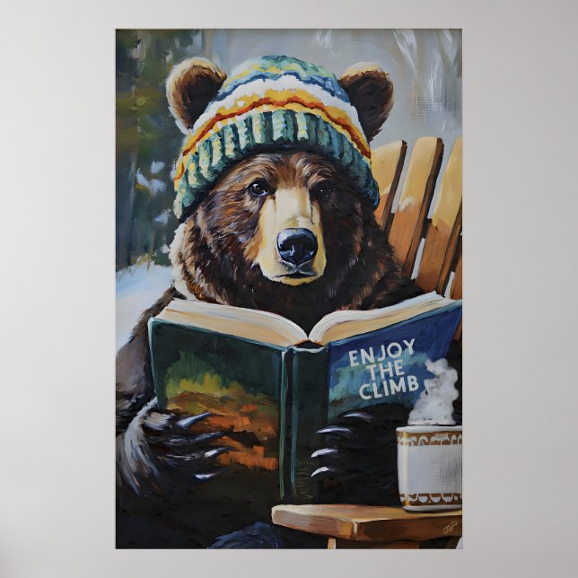 Bear Reading Book Ski Art Print Cosy Winter Cabin (Front)