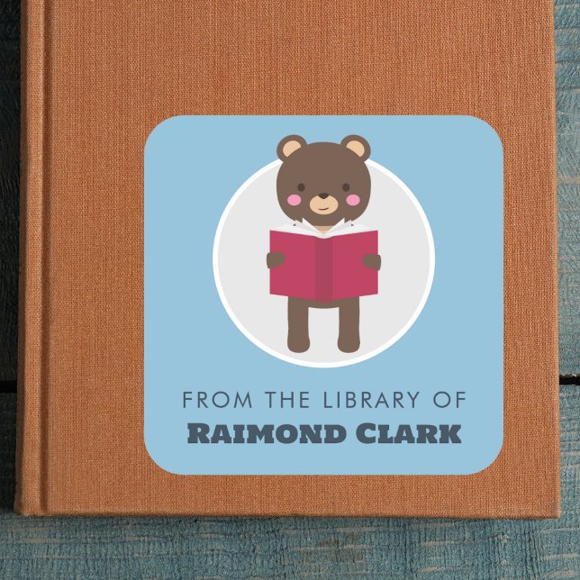 Bear reading bookplate square sticker (Creator Uploaded)