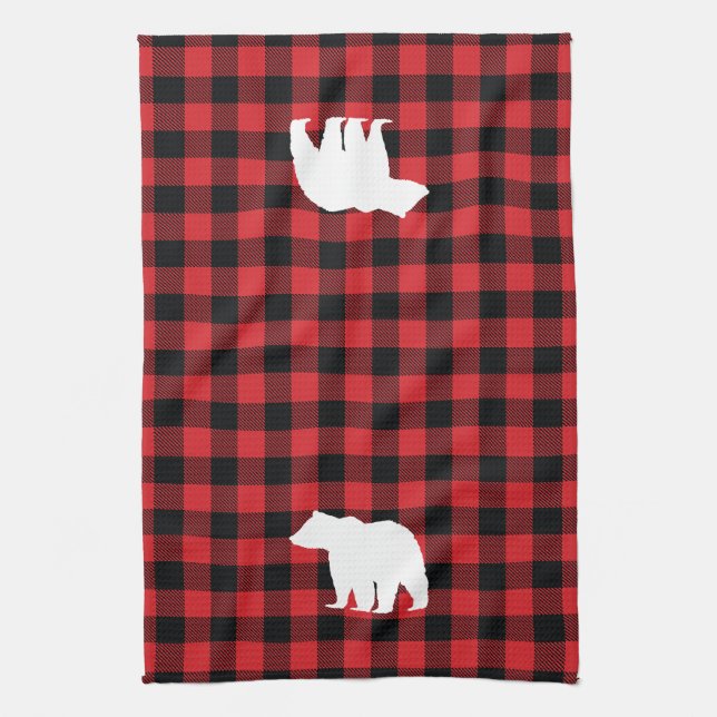 Bear Red and Black Buffalo Check Kitchen Towel (Vertical)