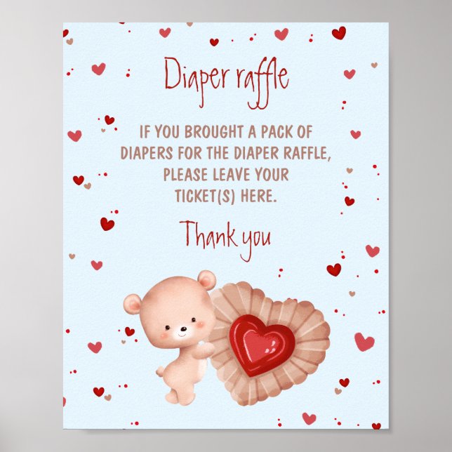Bear Red Heart Boy Baby Shower Diaper Raffle Sign (Front)