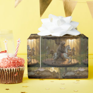 Bear Riding a Carousel Horse in a Forest Wrapping Paper