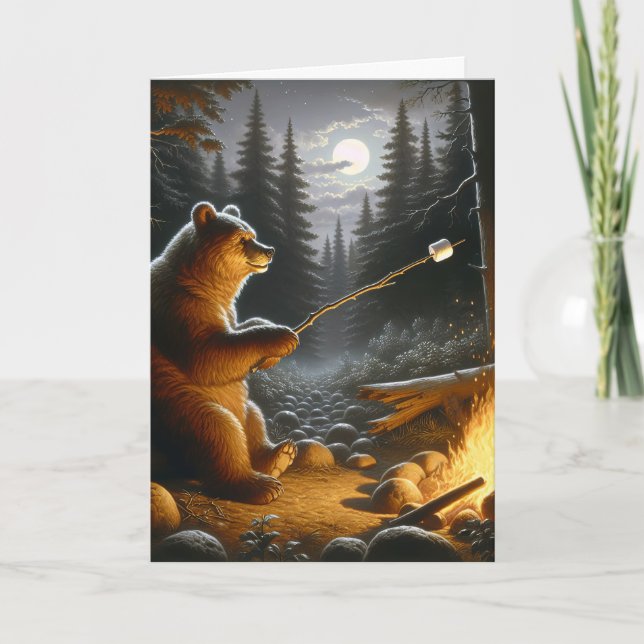 Bear Roasting a Marshmallow Over Campfire Card (Front)