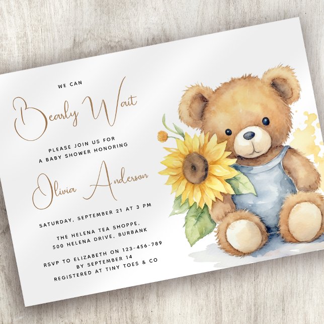 Bear Rustic Sunflower Bearly Wait Baby Shower Invitation (Creator Uploaded)