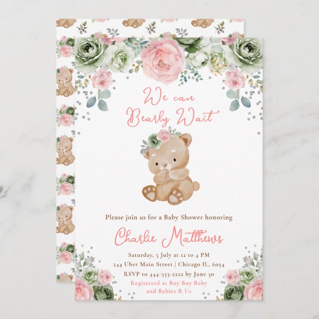 Bear Sage Green and Pink Flowers Baby Shower Invitation (Front/Back)