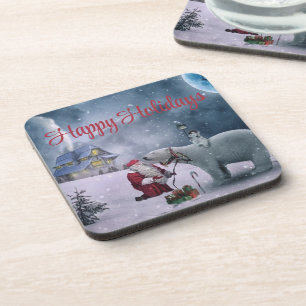 Bear, Santa Claus and Little House Coaster