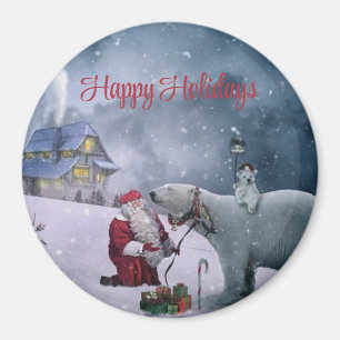 Bear, Santa Claus and Little House Magnet