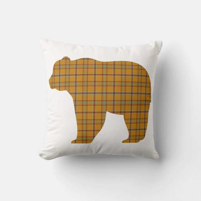 Bear Shape Plaid Orange Light Blue Cabin Core Cushion (Front)