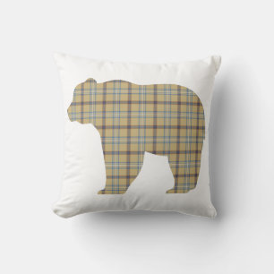 Bear Shape Plaid Tan Blue Cabin Core Cushion