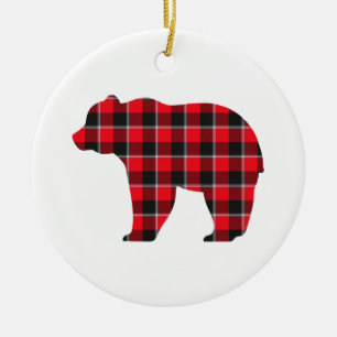 Bear Shaped Plaid Red Black Buffalo Ceramic Ornament