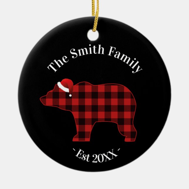Bear Silhouette Buffalo Plaid Family Holiday Ceramic Ornament (Front)