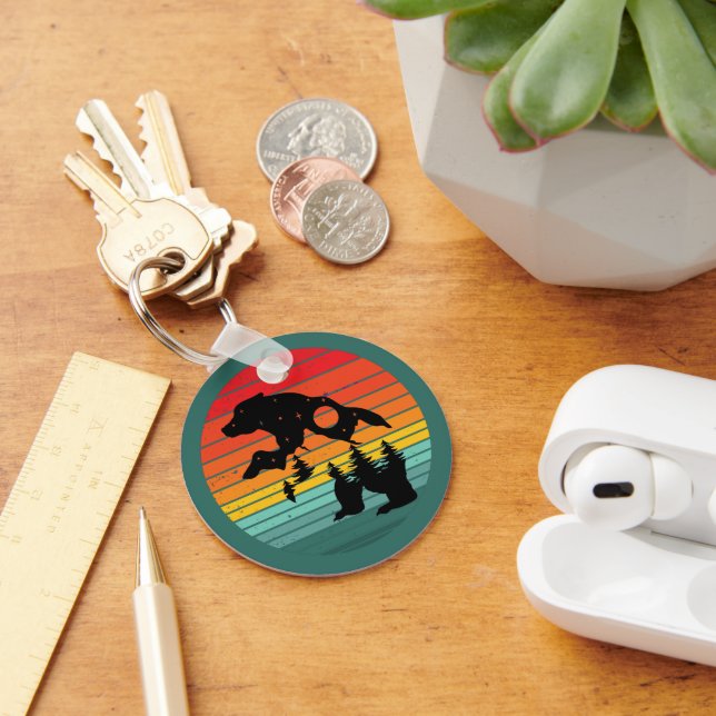 Bear Silhouette Stripe Retro Sunset Key Ring (Desk)