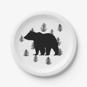 Bear Silhouette Trees Wilderness Mountain Paper Plate