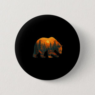 Bear silhouette with forest landscape and sunset 6 cm round badge