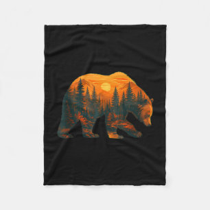 Bear silhouette with forest landscape and sunset fleece blanket