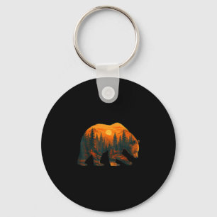 Bear silhouette with forest landscape and sunset  key ring