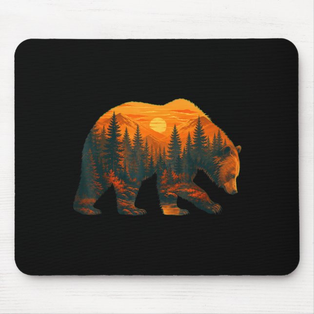 Bear silhouette with forest landscape and sunset  mouse pad (Front)