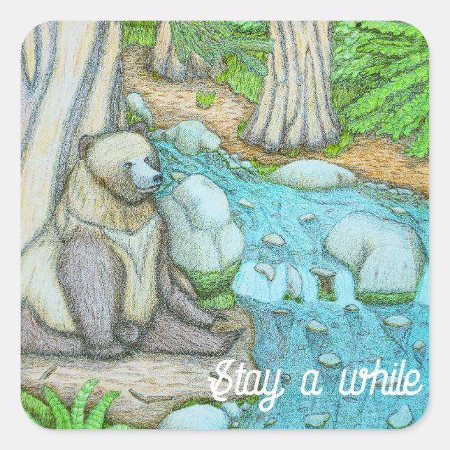 Bear sitting by a creek square sticker (Front)
