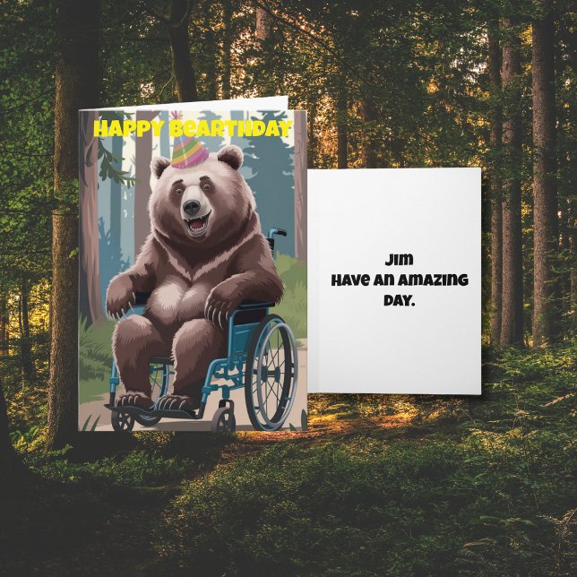 Bear sitting in wheel chair nature birthday card (Creator Uploaded)