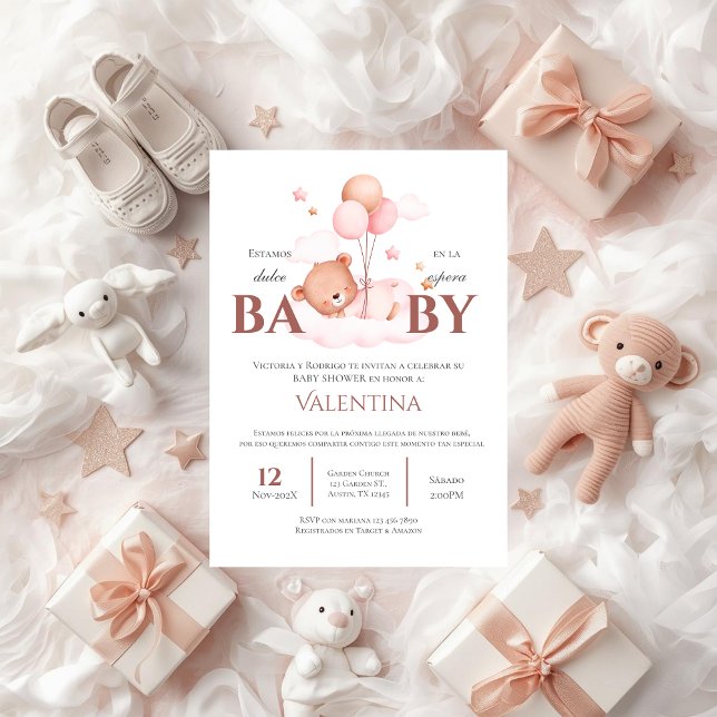 Bear Spanish Baby Shower Girl invitation (Creator Uploaded)