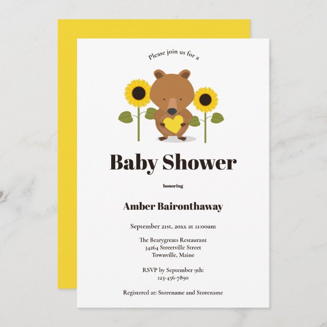 Bear Sunflowers Baby Shower Invitation (Front/Back)