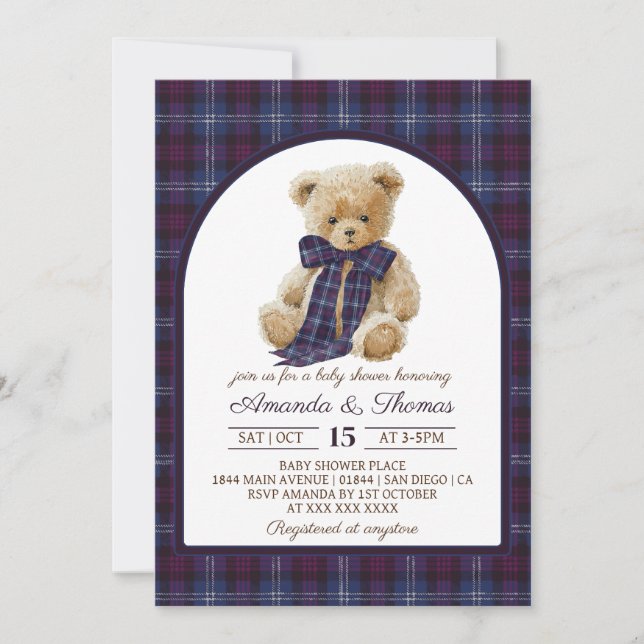 Bear Tartan Gender Neutral Baby Shower Invitation (Front)