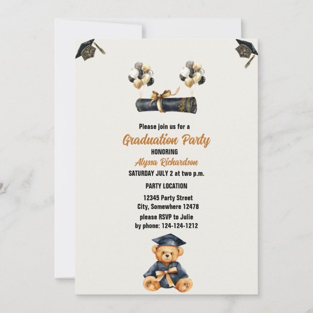 bear teddy and hats Graduation Party  Invitation (Front)