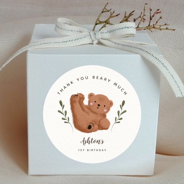 Bear Thank You Beary Much Boy Birthday Party Classic Round Sticker (Creator Uploaded)
