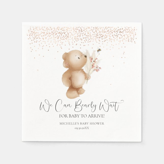 Bear & The Bee | We Can Bearly Wait! Baby Shower Napkin (Front)