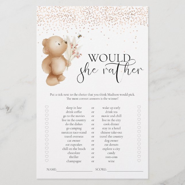 Bear & The Bee Would She Rather Baby Shower Game (Front)