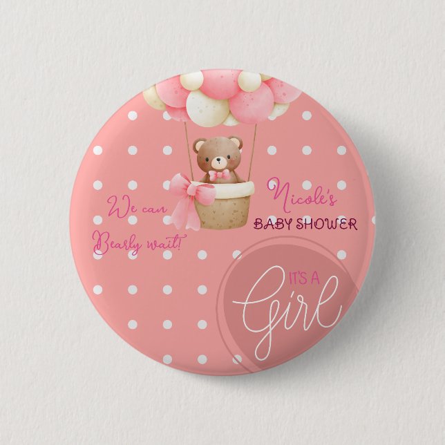 Bear Theme Pink Peach Hot Air Balloon Baby Shower 6 Cm Round Badge (Front)