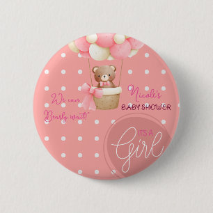 Bear Theme Pink Peach Hot Air Balloon Baby Shower 6 Cm Round Badge