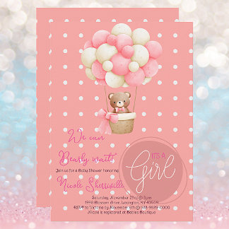 Bear Theme Pink Peach Hot Air Balloon Baby Shower Invitation