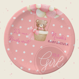 Bear Theme Pink Peach Hot Air Balloon Baby Shower Paper Plate