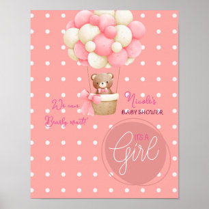 Bear Theme Pink Peach Hot Air Balloon Baby Shower Poster