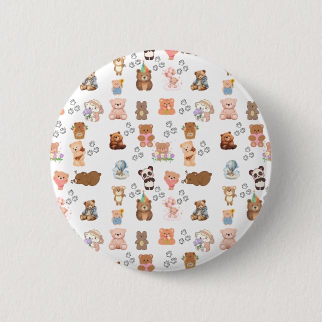  Bear-Themed Seamless Pattern Round Button  (Front)