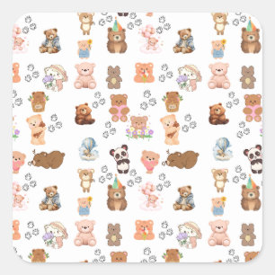  Bear-Themed Seamless Pattern Square Stickers   Fu